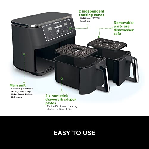 Ninja Foodi MAX Dual Zone Digital Air Fryer, 2 Drawers, 9.5L, 6-in-1, Uses No Oil, Max Crisp, Roast, Bake, Reheat, Dehydrate, Cook 8 Portions, Non-Stick Dishwasher Safe Baskets, Black AF400UK