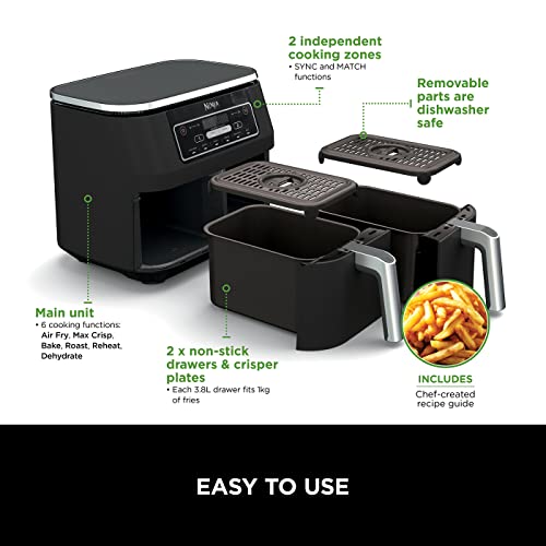 Ninja Foodi MAX Dual Zone Digital Air Fryer, 2 Drawers, 9.5L, 6-in-1, Uses No Oil, Max Crisp, Roast, Bake, Reheat, Dehydrate, Cook 8 Portions, Non-Stick Dishwasher Safe Baskets, Black AF400UK