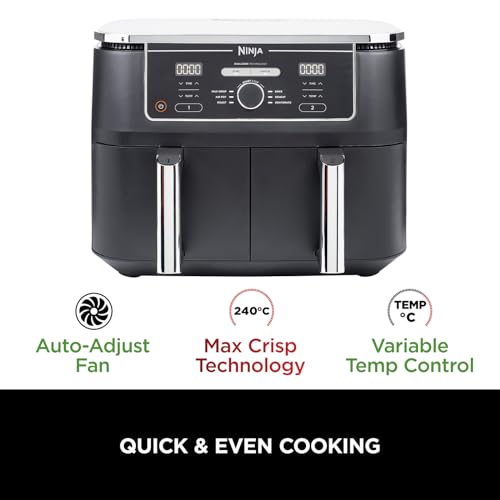 Ninja Foodi MAX Dual Zone Digital Air Fryer, 2 Drawers, 9.5L, 6-in-1, Uses No Oil, Max Crisp, Roast, Bake, Reheat, Dehydrate, Cook 8 Portions, Non-Stick Dishwasher Safe Baskets, Black AF400UK