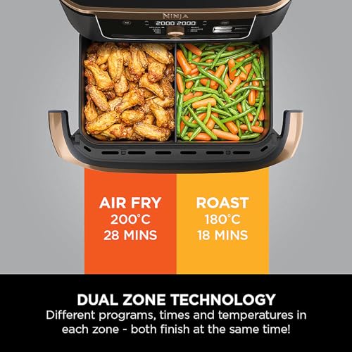 Ninja Foodi MAX Dual Zone Digital Air Fryer, 2 Drawers, 9.5L, 6-in-1, Uses No Oil, Max Crisp, Roast, Bake, Reheat, Dehydrate, Cook 8 Portions, Non-Stick Dishwasher Safe Baskets, Black AF400UK