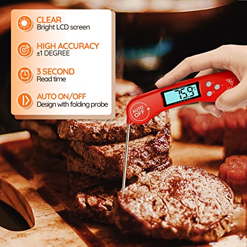 DOQAUS Digital Meat Thermometer, Instant Read Food Thermometer with Backlight LCD Screen, Foldable Long Probe & Auto On/Off, Perfect for Kitchen, BBQ, Water,Meat, Milk, Cooking Food (Black)