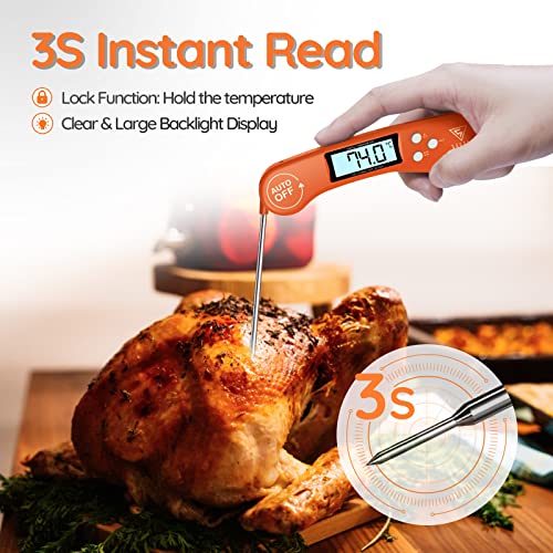 DOQAUS Digital Meat Thermometer, Instant Read Food Thermometer with Backlight LCD Screen, Foldable Long Probe & Auto On/Off, Perfect for Kitchen, BBQ, Water,Meat, Milk, Cooking Food (Black)