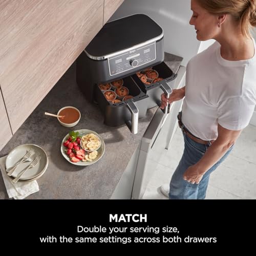 Ninja Foodi MAX Dual Zone Digital Air Fryer, 2 Drawers, 9.5L, 6-in-1, Uses No Oil, Max Crisp, Roast, Bake, Reheat, Dehydrate, Cook 8 Portions, Non-Stick Dishwasher Safe Baskets, Black AF400UK