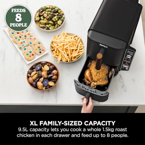 Ninja Foodi MAX Dual Zone Digital Air Fryer, 2 Drawers, 9.5L, 6-in-1, Uses No Oil, Max Crisp, Roast, Bake, Reheat, Dehydrate, Cook 8 Portions, Non-Stick Dishwasher Safe Baskets, Black AF400UK