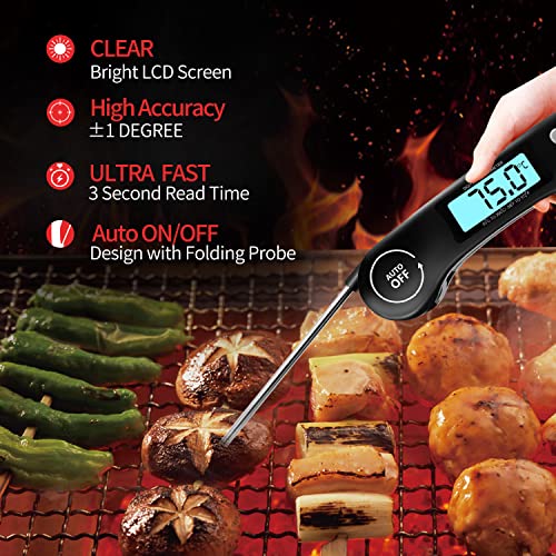 DOQAUS Digital Meat Thermometer, Instant Read Food Thermometer with Backlight LCD Screen, Foldable Long Probe & Auto On/Off, Perfect for Kitchen, BBQ, Water,Meat, Milk, Cooking Food (Black)