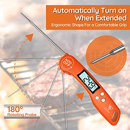 DOQAUS Digital Meat Thermometer, Instant Read Food Thermometer with Backlight LCD Screen, Foldable Long Probe & Auto On/Off, Perfect for Kitchen, BBQ, Water,Meat, Milk, Cooking Food (Black)