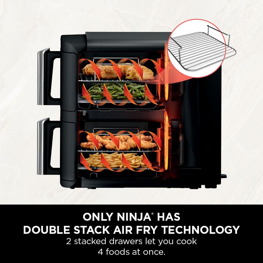 Ninja Foodi MAX Dual Zone Digital Air Fryer, 2 Drawers, 9.5L, 6-in-1, Uses No Oil, Max Crisp, Roast, Bake, Reheat, Dehydrate, Cook 8 Portions, Non-Stick Dishwasher Safe Baskets, Black AF400UK