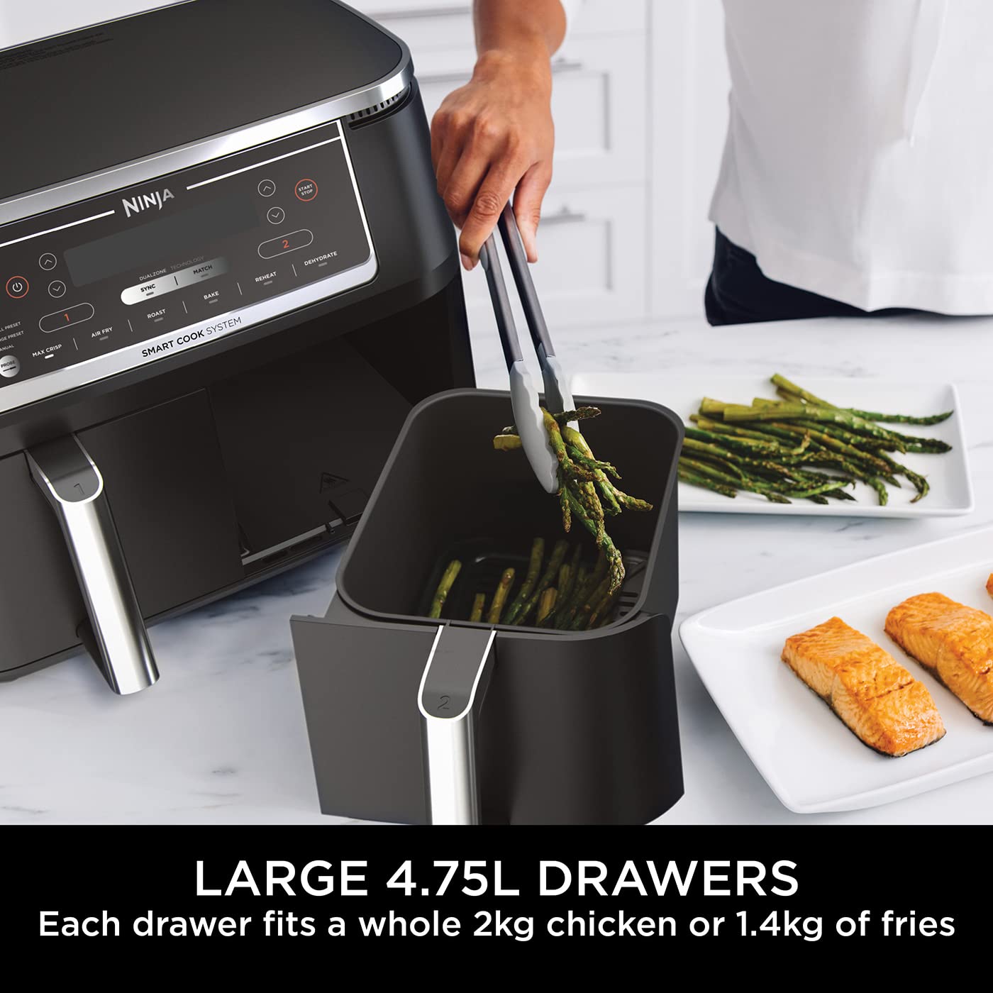 Ninja Foodi MAX Dual Zone Digital Air Fryer, 2 Drawers, 9.5L, 6-in-1, Uses No Oil, Max Crisp, Roast, Bake, Reheat, Dehydrate, Cook 8 Portions, Non-Stick Dishwasher Safe Baskets, Black AF400UK