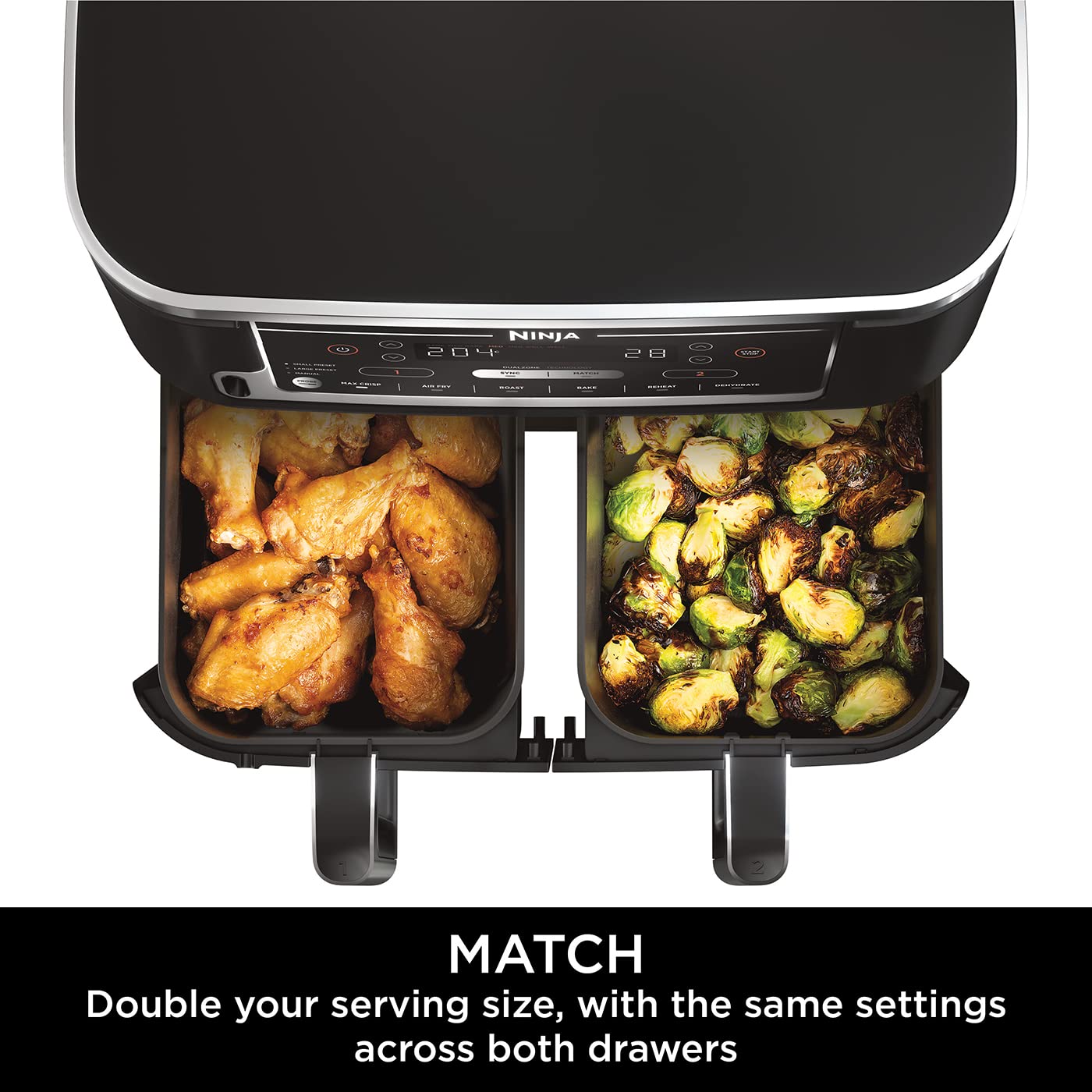 Ninja Foodi MAX Dual Zone Digital Air Fryer, 2 Drawers, 9.5L, 6-in-1, Uses No Oil, Max Crisp, Roast, Bake, Reheat, Dehydrate, Cook 8 Portions, Non-Stick Dishwasher Safe Baskets, Black AF400UK