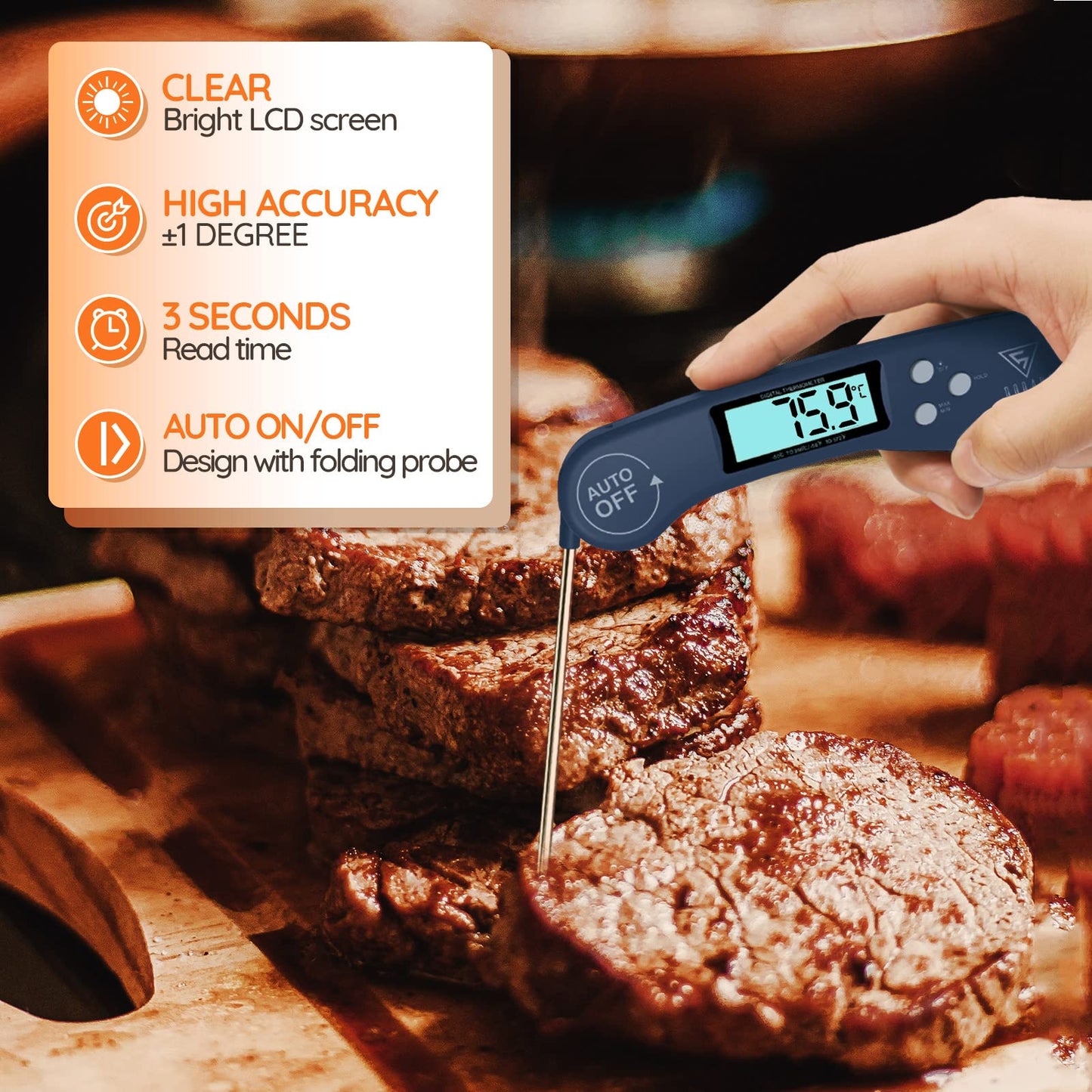 DOQAUS Digital Meat Thermometer, Instant Read Food Thermometer with Backlight LCD Screen, Foldable Long Probe & Auto On/Off, Perfect for Kitchen, BBQ, Water,Meat, Milk, Cooking Food (Black)