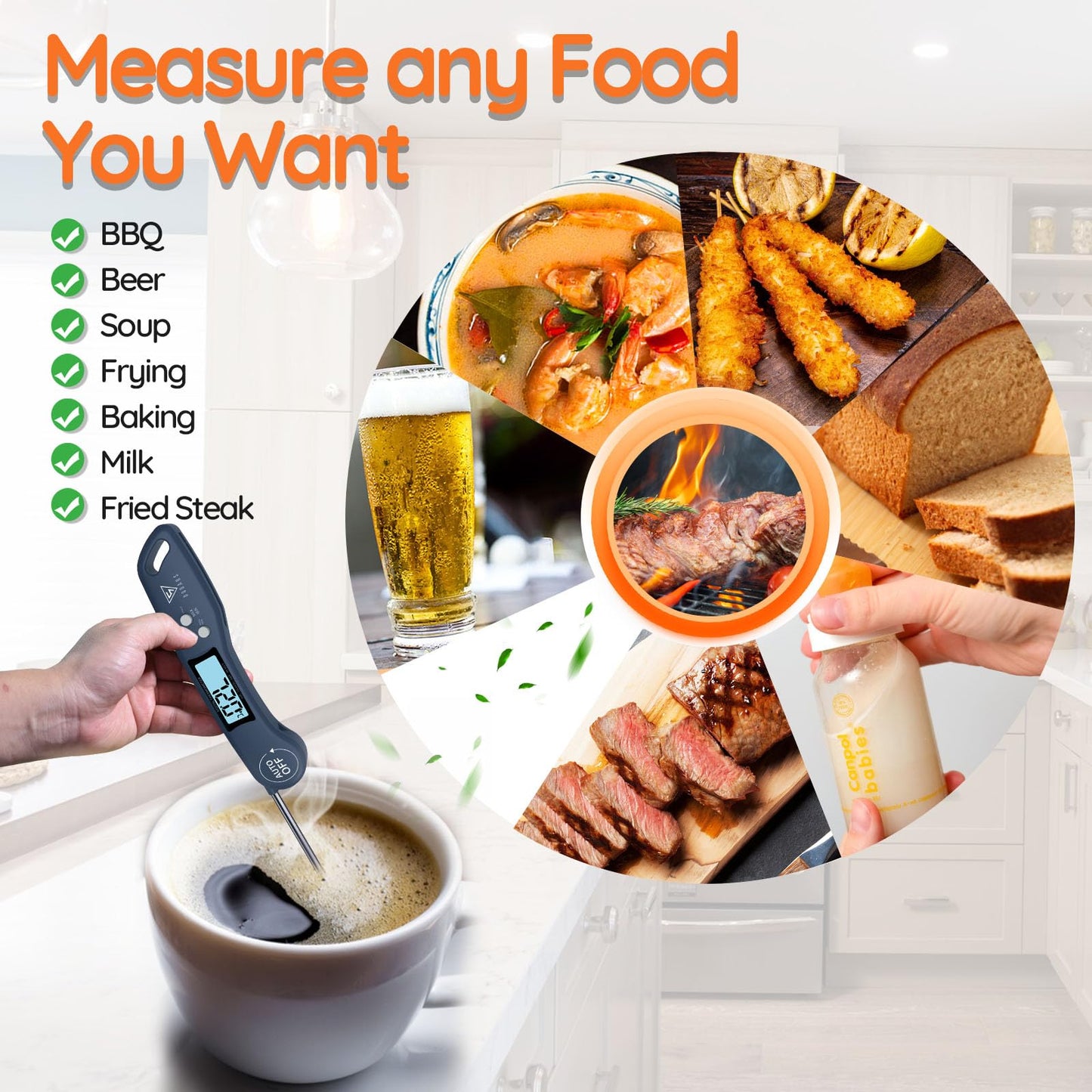 DOQAUS Digital Meat Thermometer, Instant Read Food Thermometer with Backlight LCD Screen, Foldable Long Probe & Auto On/Off, Perfect for Kitchen, BBQ, Water,Meat, Milk, Cooking Food (Black)